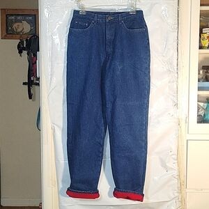 LL BEAN Vintage Red Flannel Lined Super high-rise Jean's 14 Denim Warm Insulated
